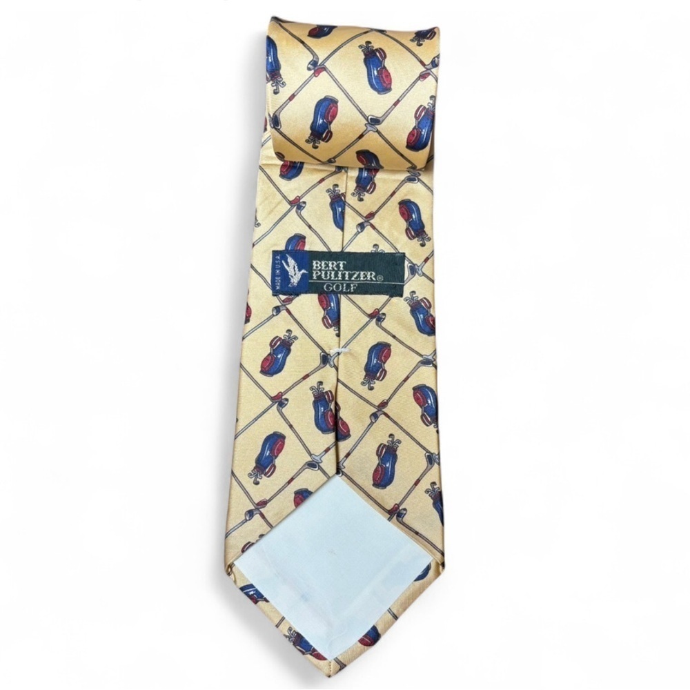 Bert Pulitzer Golf Silk Tie Yellow Golf Bag Print Classic Vintage Style - Picture 2 of 6